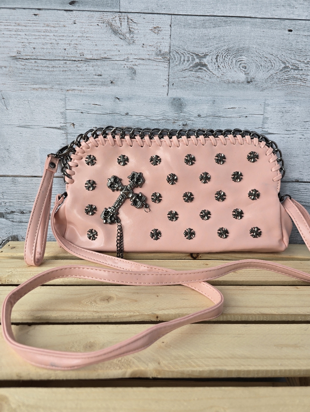 Gothic Pink Vegan Cross Body Bag Chain Clutch Purse - Picture 2 of 13